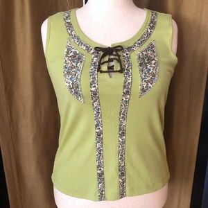 Diagonal Lime Green Floral Trim 100%Cotton Sleeveless